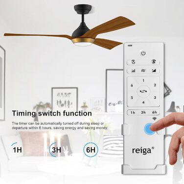 Стеляний вентилятор Reiga з LED-підсвічуванням та пультом керування, 132 см, білий, DC-двигун, тихий, 6 швидкостей, 3 колірні температури, для внутрішнього та зовнішнього використання (3 лопаті, чорний)
