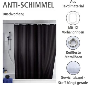 Штора для душу WENKO Anti-Schimmel чорна, текстильна, антигрибкова, водонепроникна, з кільцями, 180x200 см