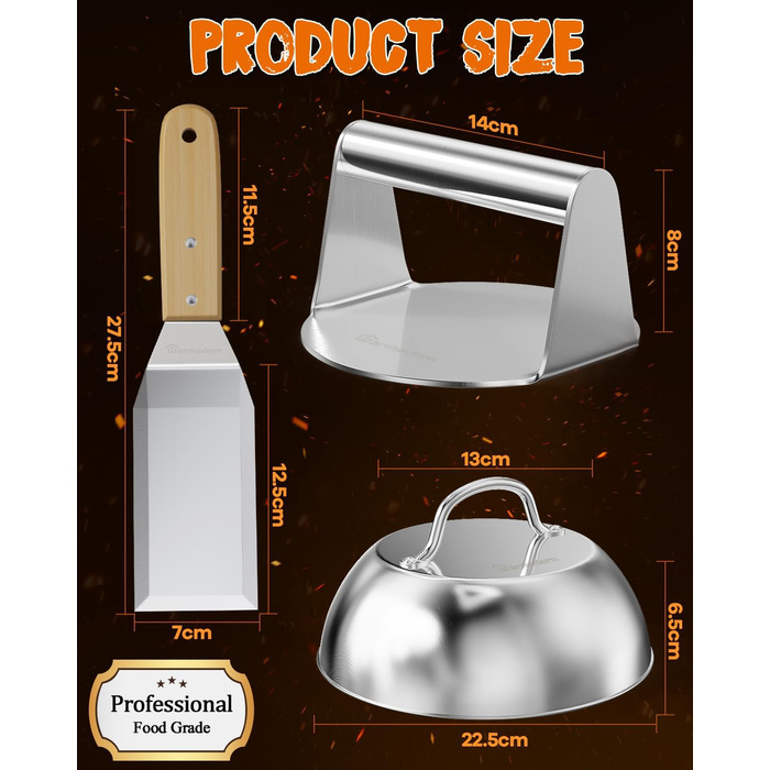 Набір для приготування бургерів Warmodern 3-TLG з нержавіючої сталі: прес 14 см, дзвоник, лопатка | Професійний аксесуар для гриля