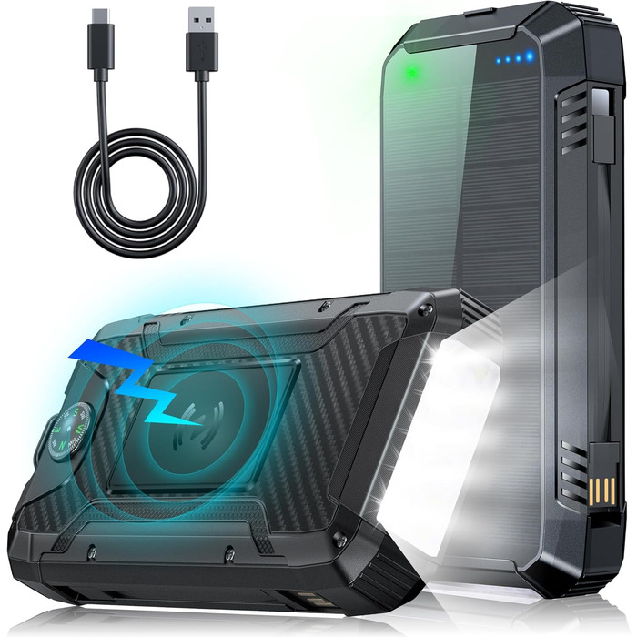 Портативний зарядний акумулятор Solar Powerbank 49800mAh з сонячною панеллю, PD 30W, USB-C, бездротова зарядка 15W, LED-індикатор, ліхтарик, 4 виходи, 2 входи, чорний