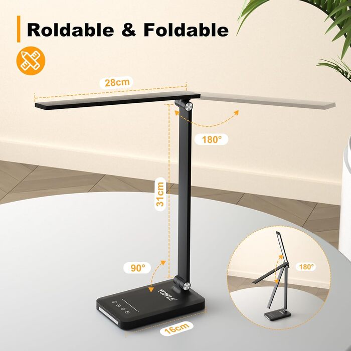 TOPPLEE LED Desk Lamp - Dimmable Table Lamp with Rechargeable Battery, 5 Colors & 10 Brightness Levels, USB Charging Port, Office Lamp for Kids & Home, Black