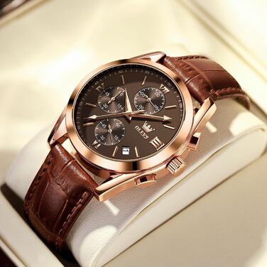 Чоловічий годинник OLEVS Vintage з шкіряним ремінцем, великий циферблат, водонепроникний, аналоговий годинник з датою, коричневий циферблат/коричневий ремінець