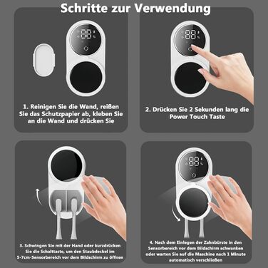 Justup Toothbrush Holder, Toothbrush Sanitizer for Cleaning and Air Drying, LED Smart Screen, Rechargeable Wall Mount for Bathroom, Wall-Mounted Toothbrush Holder for Family Use (White)