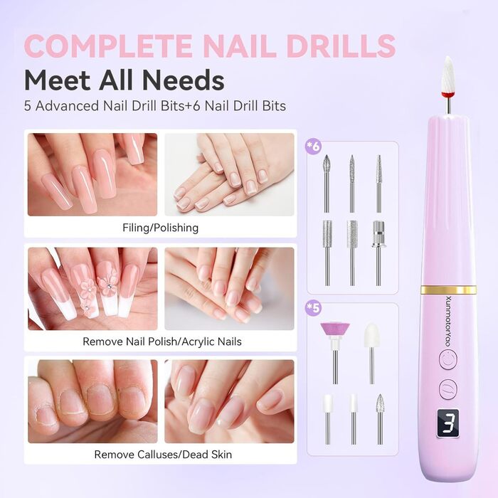 Професійний електричний фрезер для нігтів 12 в 1 з USB-зарядкою, 20000 RPM, для манікюру та педикюру, фіолетовий