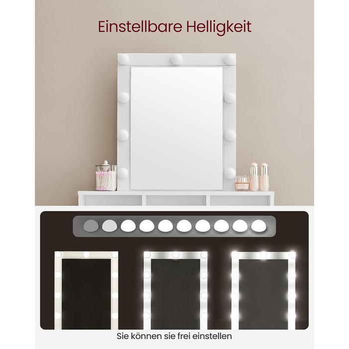 VASAGLE туалетний столик з LED-підсвіткою, регульована яскравість, дзеркало, 2 шухляди, 3 відкриті полиці, білий, 80×145 см, сучасний дизайн