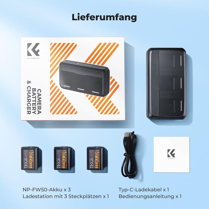 Набір акумуляторів K&F CONCEPT NP-FW50 (3 шт.) з 20W LED PD швидким зарядним пристроєм для Sony Alpha A6000, A6100, A6300, A6400, A6500, A7, A7 II, A7R, A7S, RX10