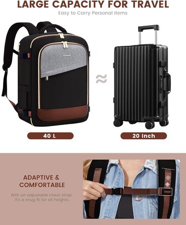 LOVEVOOK Рюкзак для ручної поклажі, 40L, водонепроникний, для подорожей, з відділенням для взуття, для ноутбука (17.3 дюймів), чорний+сірий+коричневий