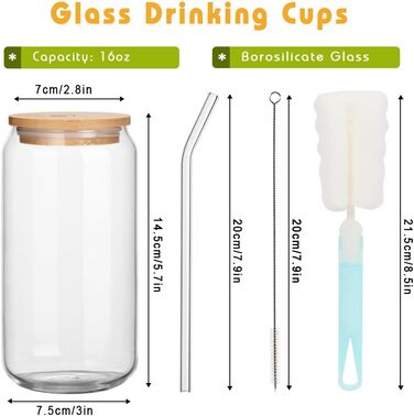ZgoEC 16oz Cocktail Glasses Set, Drinking Glasses with Lid and Straw, 6pcs Can-Shaped Highball Glasses Set, Glasses with Lid and Straw, Coffee Cups Glass Cups with Straw, Gift
