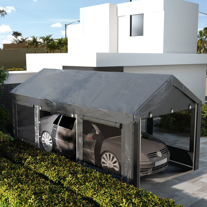 Outsunny Carport 6x3m Party Tent Adjustable Height Car Garage with 4 Mesh Windows and 4 Doors for Cars and Trucks Made of Steel