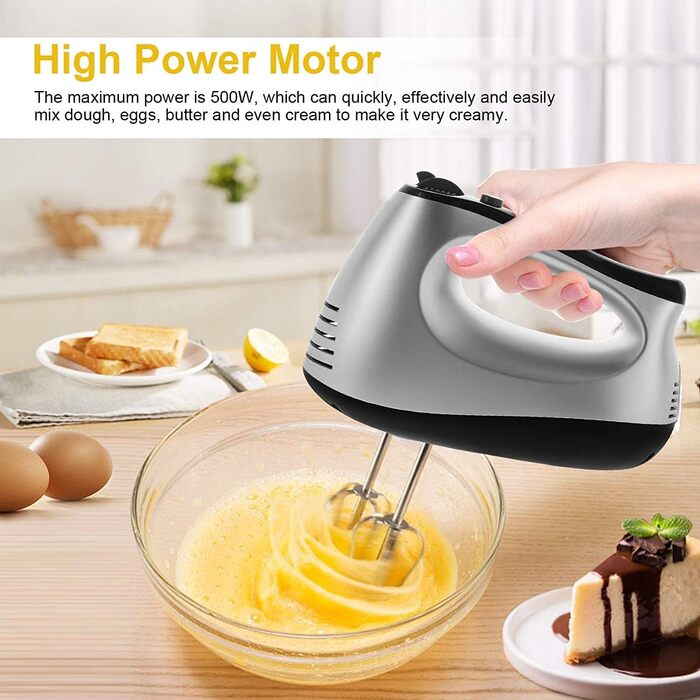 Електричний міксер 500W з набором аксесуарів для випічки (2 міксери, 2 гаки, 2 вінчики, збивач яєць, шпатель, підставка)