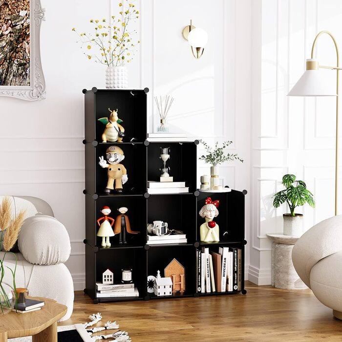 C&AHOME UPCS09M Cube Storage Organizer, 9-Cube Shelves, Closet Cabinet, DIY, Plastic, Modular Bookshelf, Ideal for Bedroom, Living Room, Opaque (Black)