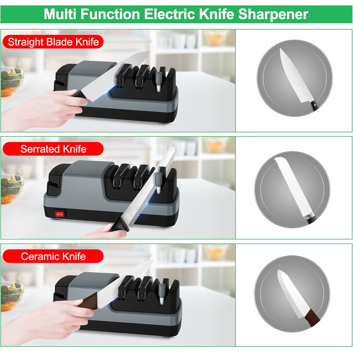 Електричний точило для ножів 4-в-1: прямі, зубчасті, керамічні ножі та ножиці, сірий колір