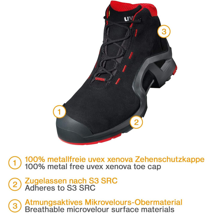 Чоботи робочі Uvex 1 X-Tended Support S3 SRC ESD - червоно-чорні, 44 EU