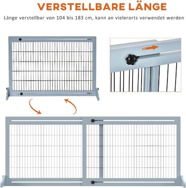 PawHut Wooden Pet Gate - Extendable Dog Barrier with Footrest, Freestanding Baby/Pet Gate, Stairway Gate, Fireplace/Oven Gate, Gray Blue, 104-183 x 36 x 69 cm