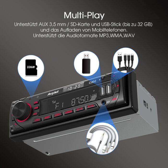 Автомобільна магнітола Bluetooth 5.0, FM/AM, 7 кольорів підсвічування, 1 DIN, стерео з 2 USB, AUX, MP3, підтримка iOS та Android, збереження 30 радіостанцій