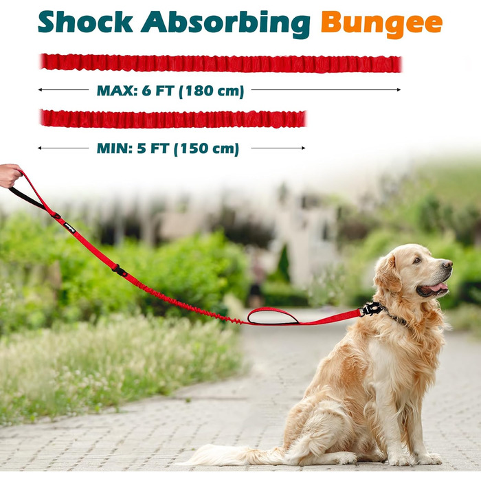 Тактична повідок для собак PetBonus Heavy Duty, 1,5м, еластична, з двома м'якими ручками, страхувальний ремінь для авто, навчальна повідок No Pull для великих та середніх собак (Армійний зелений, Червоний)