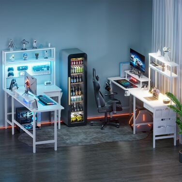 Ігровий стіл кутовий 150x100 см з 3 розетками та 2 USB, зворотний, з LED підсвічуванням, з ящиками та підставкою для монітора. Білий кутовий ігровий комп'ютерний стіл 170x100 см.