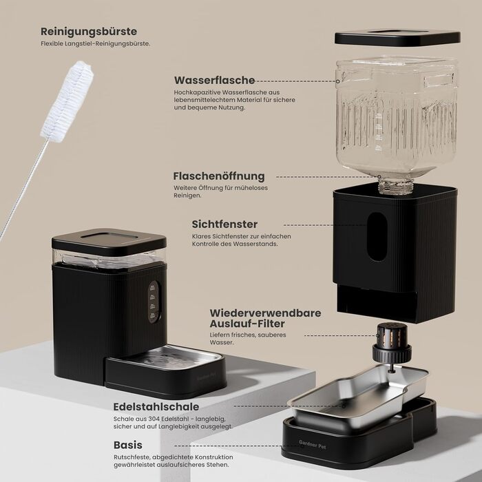 Автоматичний диспенсер води для собак та котів Gardner Pet 6.5L, годівниця, не потребує електрики, з нержавіючою чашею, BPA-free, чорний