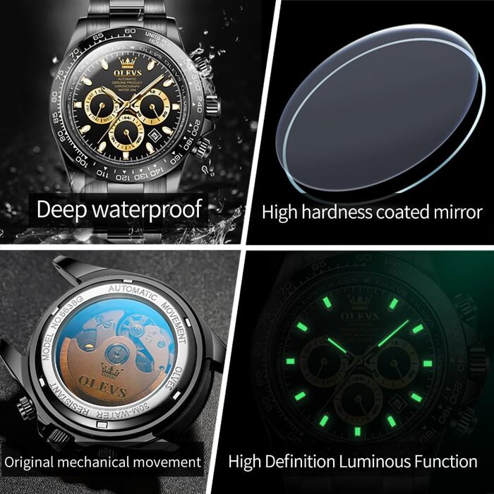 Чоловічий годинник OLEVS класичний, кварцовий, чорний зі сталевим ремінцем, водонепроникний, з датою та підсвіткою