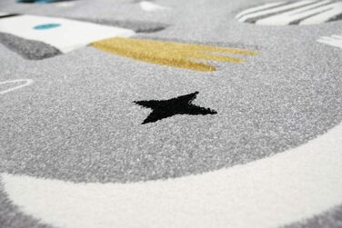 Merino Kids Space Learning Rug with Spaceship, Stars, and Planets in Gray, Size 200 x 290 cm