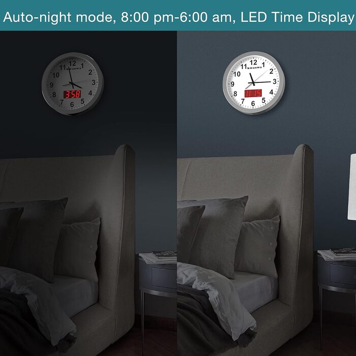 KWANWA Modern Wall Clock with No Ticking Sound • Digital LCD/LED Display • Calendar & Temperature • Battery Powered • 30.5cm • 12h Format, Perfect for Kitchen, Bedroom & Office (Silver Case, Red LED)