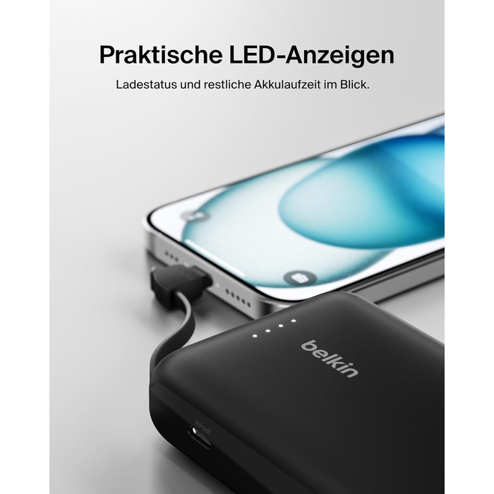 Повербанк Belkin BoostCharge 10000mAh 20W з вбудованим кабелем USB-C, LED-індикатором, чорний