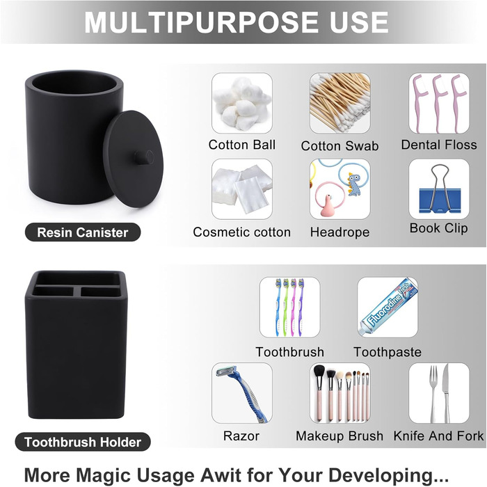 Набір аксесуарів для ванної кімнати з штучного каміння, матовий чорний, 5 предметів: дозатор мила, органайзер, тримач для зубних щіток, самостійно висувний дозатор мила та стакан для ванної кімнати. Сучасний дизайн.