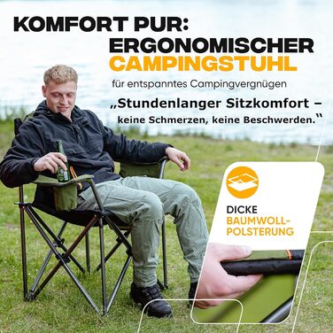 Складний туристичний стілець ADELKAMP з товстим м'яким сидінням, висока вантажопідйомність 150 кг, з сумкою-холодильником та тримачем для напоїв – переможець тесту 2024, преміум-якість, оливковий колір