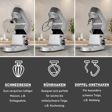 Кухонна машина Heinrichs з подвійним гаком для тіста, міксер, 2500W, 8L чаша з нержавіючої сталі, 8 швидкостей, тиха робота, колір 