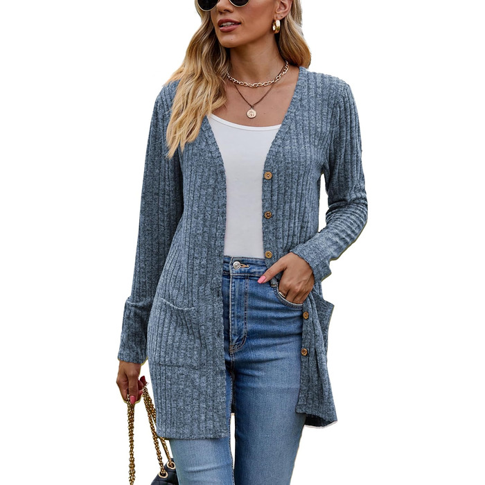 Кардиган жіночий з довгим рукавом, відкритий спереду, на ґудзиках, V-подібний виріз, легкий, з кишенями, XXL, блакитний