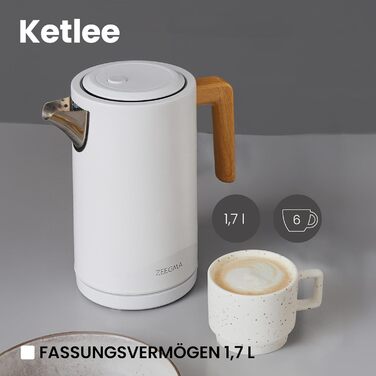 Електричний чайник ZEEGMA KETLEE 1.7L бездротовий, нержавіюча сталь, 2200W, для чаю та кави, автоматичне відключення, LED-дисплей, сучасний дизайн (білий)