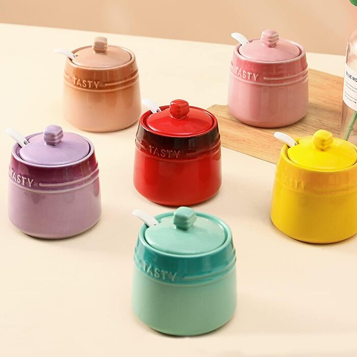 Colorful Ceramic Spice Jar, Spice Container, Sugar Bowl with Lid and Spoon - Red