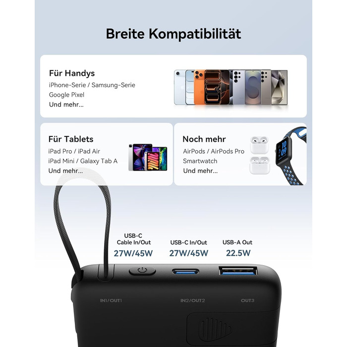 Повербанк INIU 45W 10000mAh з вбудованим кабелем USB-C, швидка зарядка для iPhone 16 17 Pro, Samsung S22, Xiaomi, iPad, чорний