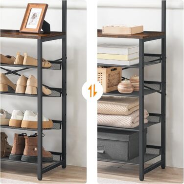 HOOBRO Coat Rack with Shoe Storage, Shoe Shelf with Coat Rack, Clothes Rack with 5-Tier Shoe Storage, Coat Rack with Shoe Cabinet, Adjustable Metal Grid Shelf, Greige EBG75MT01 (Vintage Brown + Black)
