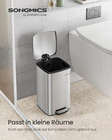 Смітник для ванної кімнати SONGMICS PLUSHIC LTB590B0602, педальний відро з кришкою Softclose, сталевий, 8 л, сріблястий металік