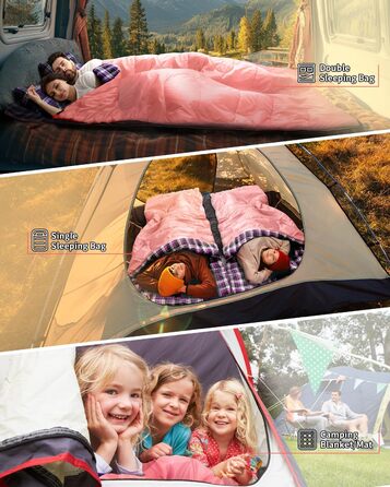 Сплячий мішок Outdoor Sportneer для 2 осіб: двомісний спальний мішок для відпочинку на природі, 3 сезони, 220x150 см, 2.75 кг з 2 подушками, дорослий ковдровий спальник для сім'ї (без фланелевої підкладки) (Рожевий)