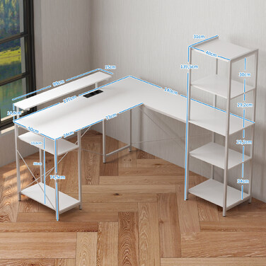 HOMCOM L-Shaped Gaming Desk with Shelf, Computer Desk with Monitor Stand, Power Outlet, USB Charging Port Corner Desk for Home Office, Bedroom, 137 x 140 x 139.5 cm White | Aosom