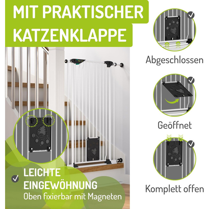 Захист для воріт BOMI Mira | Сітка для воріт з люком для котів | Ідеальний захист для собак, котів та цуценят | Металева сітка для воріт у квартиру, білий колір | Ширина: 73-83 см