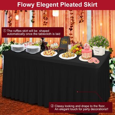 Thick 2-in-1 Spandex Table Skirt and Table Cover 6ft, Rectangle Fitted Tablecloth with Pleated Skirt, Table Linens for Banquets Event (Black, 72