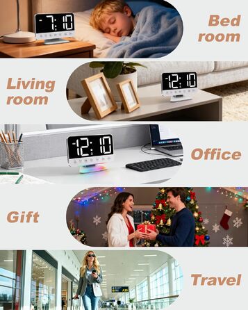 Цифровий будильник з LED-дисплеєм та RGB-підсвіткою, потужний сигнал 30-110дБ для міцного сну, USB-порт, функція Snooze, сріблястий