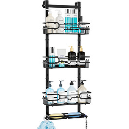 HapiRm Shower Shelf - Hanging Shower Rack Adjustable with 4 Shower Baskets, Shower Shelf No Drilling with Soap Dish and Hooks, Shower Shelf Over the Door Glass Wall & Bathroom Door, Black