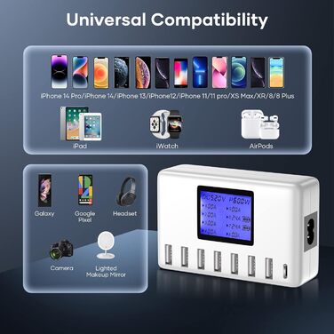 Зарядний пристрій USB 60W, 8 портів, USB-C з LCD дисплеєм для iPhone, iPad, Android, Samsung, Huawei, планшетів, Kindle (білий)