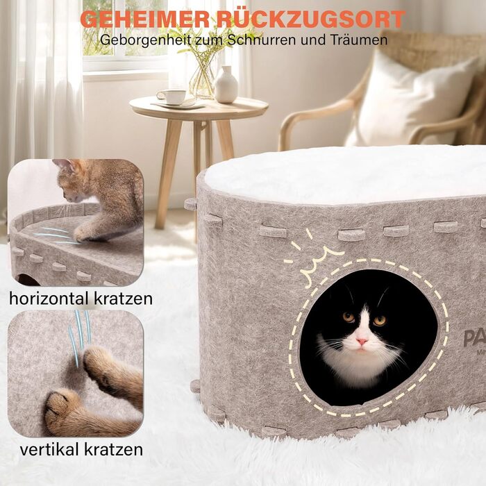 Felt Cat Cave Cat Bed, Cat House for Indoor Cats, Cave with 2 Soft and Warm Cushions, Winter-Proof, Protects Cat Claws, 58W x 33D x 30H cm, Beige