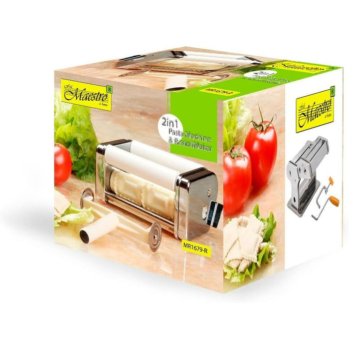 Maestro MR-1679R Pasta Machine, Manual Fresh Pasta Maker, Noodle Cutter, Stainless Steel, 8 Thickness Settings, Ravioli Attachment, Easy to Use for Home, Lasagna, Spaghetti, Noodles