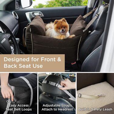 Pet Car Seat for Small Dogs - Waterproof and Washable Dog Car Seat with Storage Pockets, Detachable Safety Leash, and Thickened Memory Foam Filling, 58x56x33cm, (Brown)