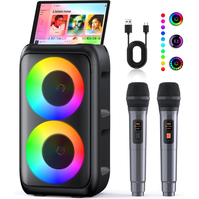 Караоке машина нового покоління 2025 | Система караоке з 2 мікрофонами, Bluetooth, FM, AUX, USB, підтримка TV/Smartphone/iPad | Для вечірок, дня народження, подорожей (Чорний, багатобарвний)