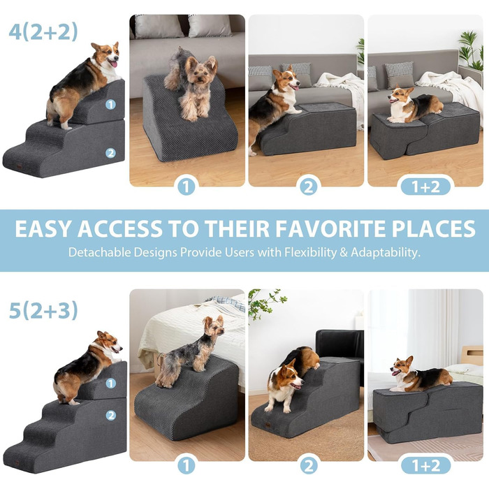 Trhillsbrad Dog Stairs, 5 Steps for Small Dogs, High-Density Foam Pet Stairs, Washable Cover and Non-Slip Bottom (Foldable Dog Stairs, 4 Steps)