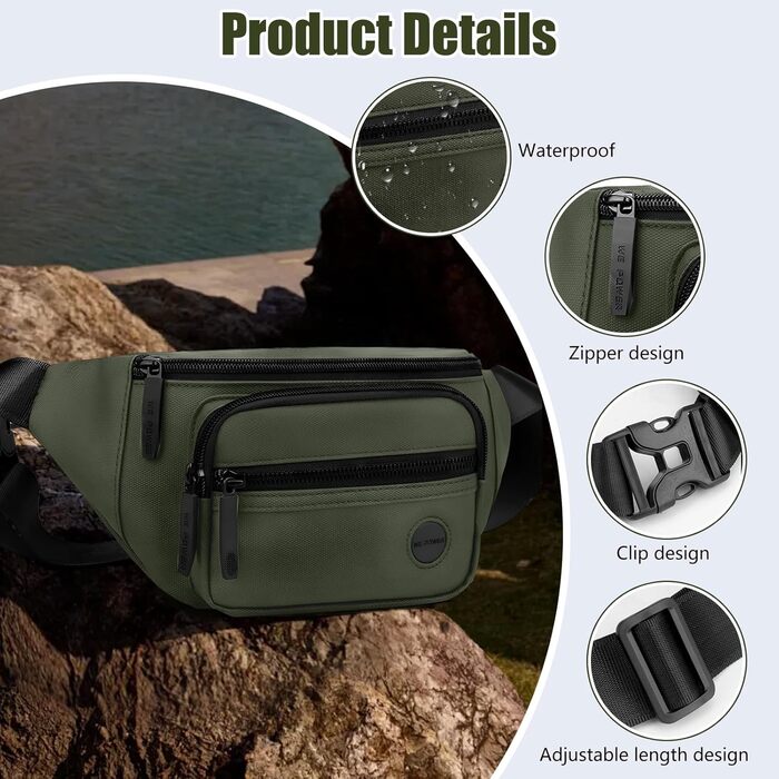 Чоловіча та жіноча бананка, водонепроникна, поясна сумка, стильна бананка з 4 відділеннями на блискавці, для подорожей, піших прогулянок, активного відпочинку (хакі)