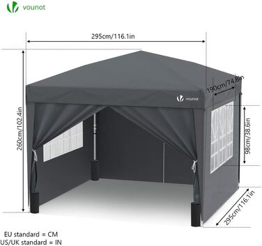 VOUNOT® 3x3m (approx. 10x10ft) Pavilion with 4 Side Walls & 4 Sandbags, Pop-Up Folding Pavilion, Foldable Garden Tent Party Tent, including Bag, Grey