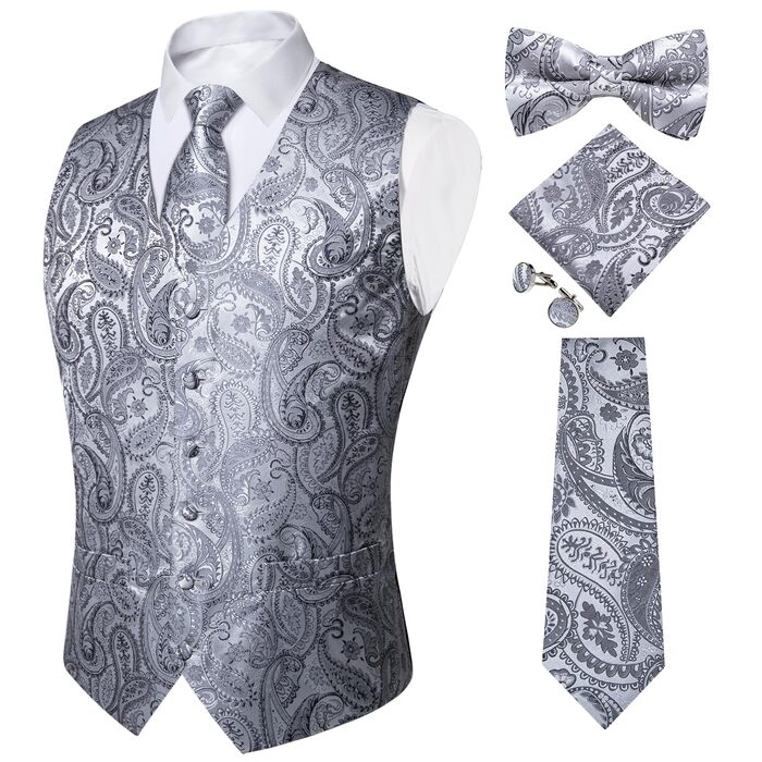 Костюмний жилет чоловічий DiBanGu для весілля з краваткою, нагрудником та запонками, сріблястий візерунок паваролочки